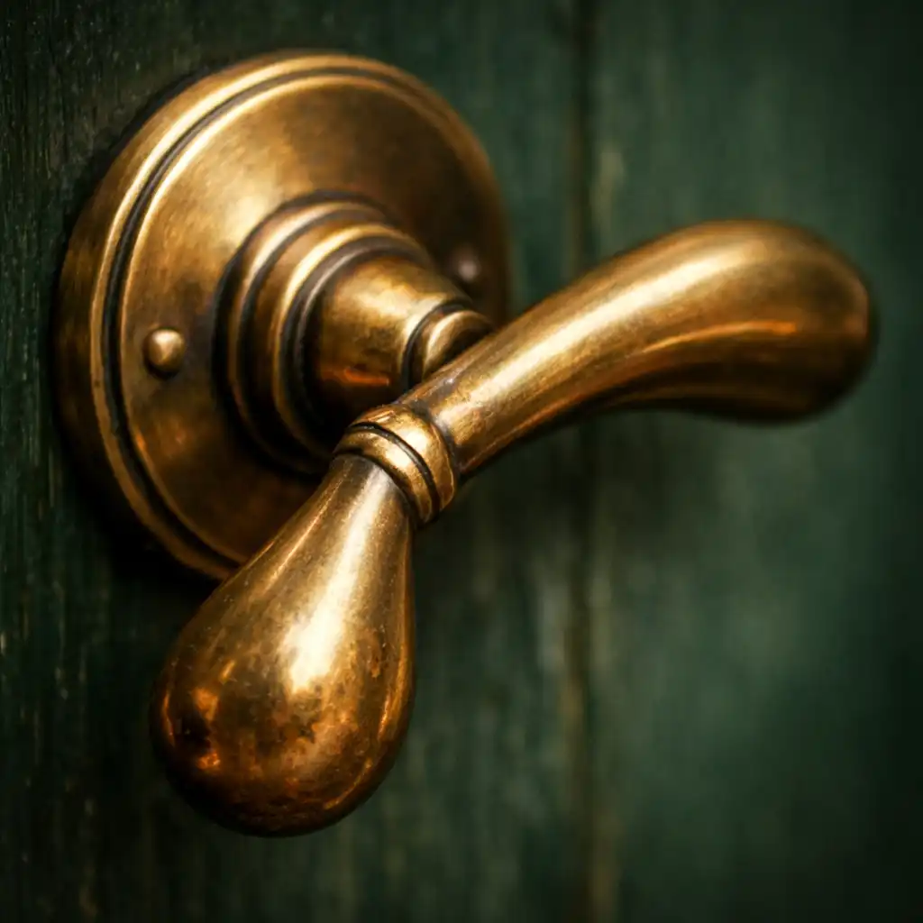 Macro photograph of a burnished brass door handle on a dark green wooden door