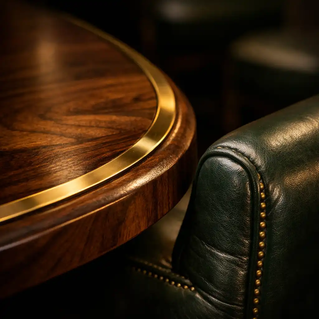 Close-up of a polished timber table edge with brass inlay beside a leather chair arm in the card lounge