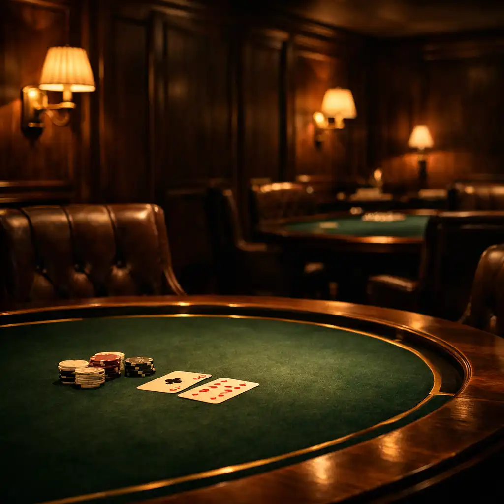 Warmly lit Card Lounge interior with dark walnut timber, deep green felt poker tables, and leather chairs