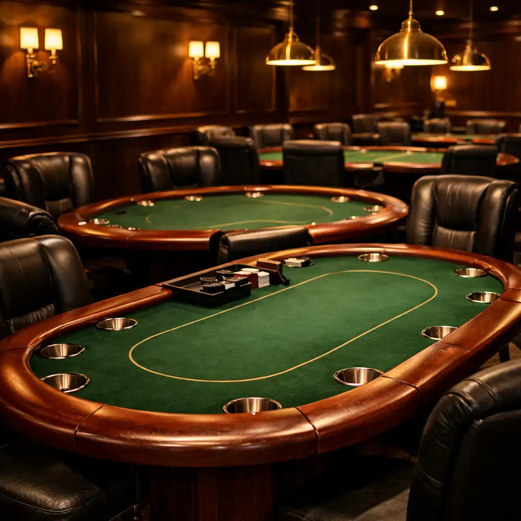 Card Lounge interior with a row of complete physical poker tables, leather chairs and warm brass lighting