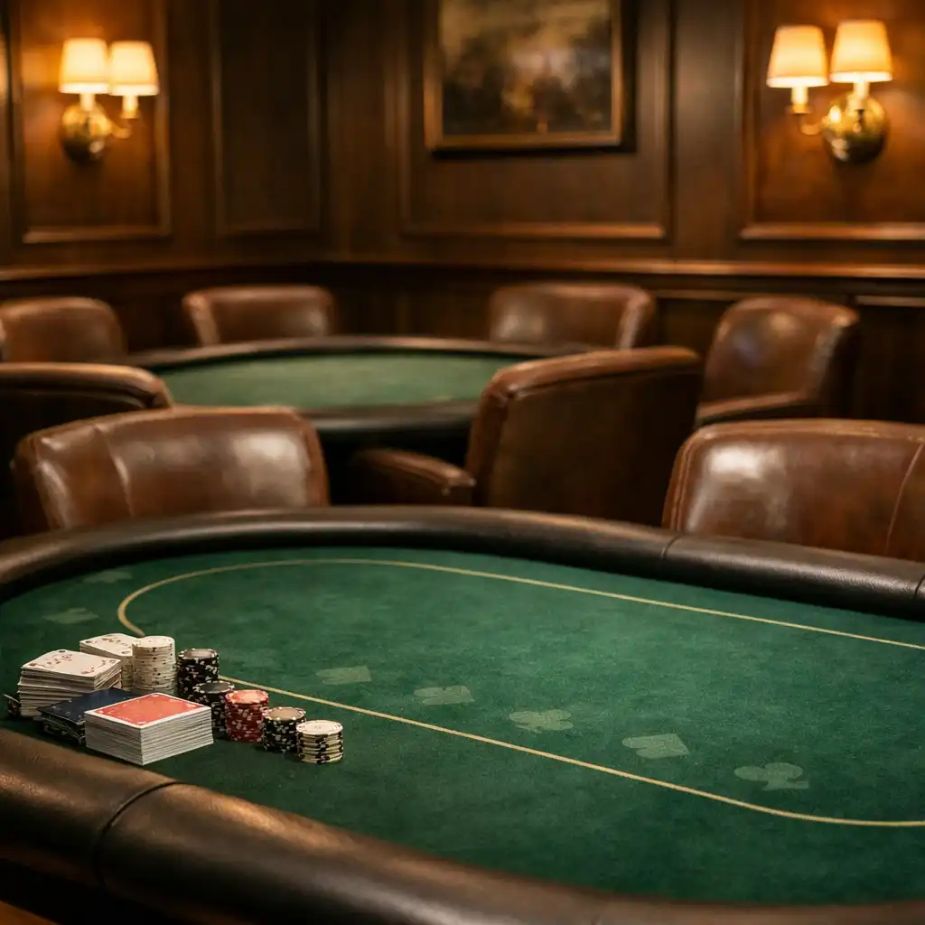 The card lounge at Card Suite Ipswich prepared for a poker night, with polished timber, leather chairs, and a premium green felt table