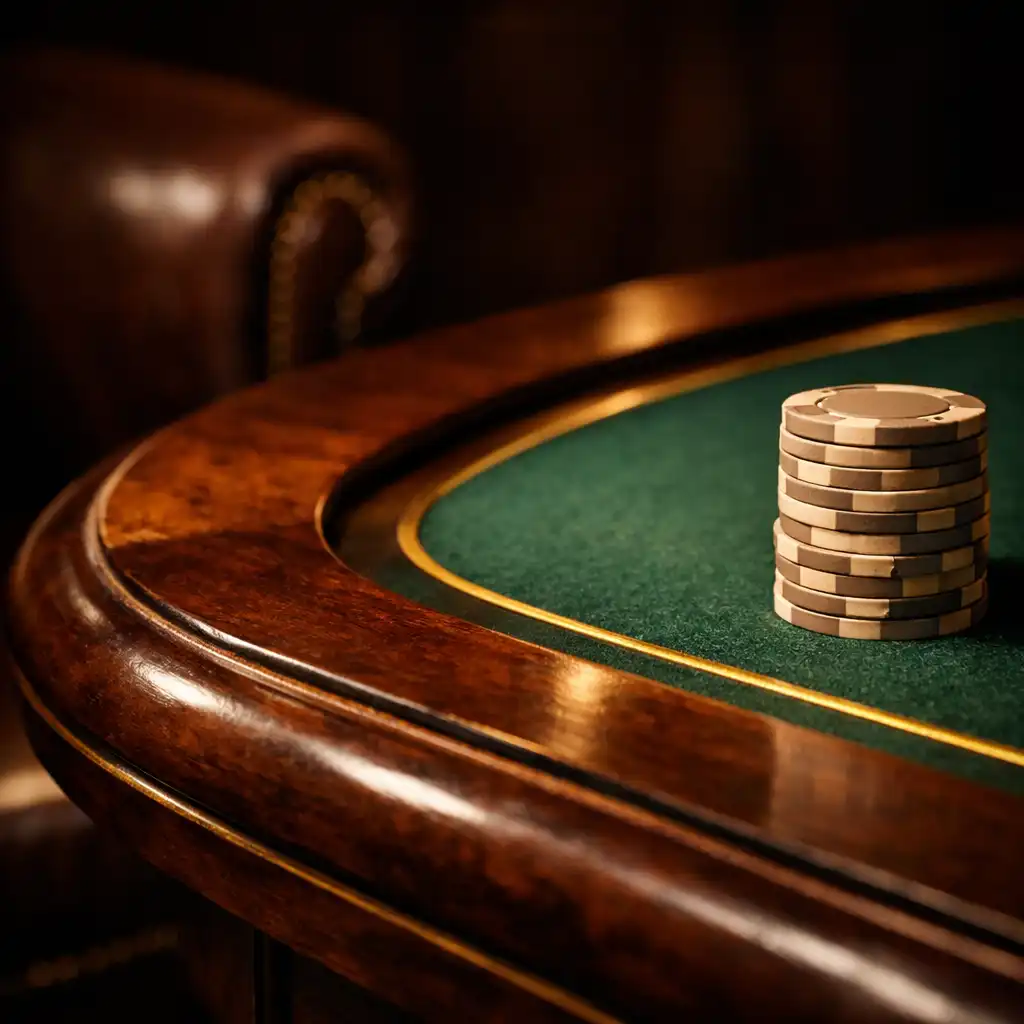 Close detail of a poker table edge with polished walnut, green felt, brass inlay, and neutral clay poker chips