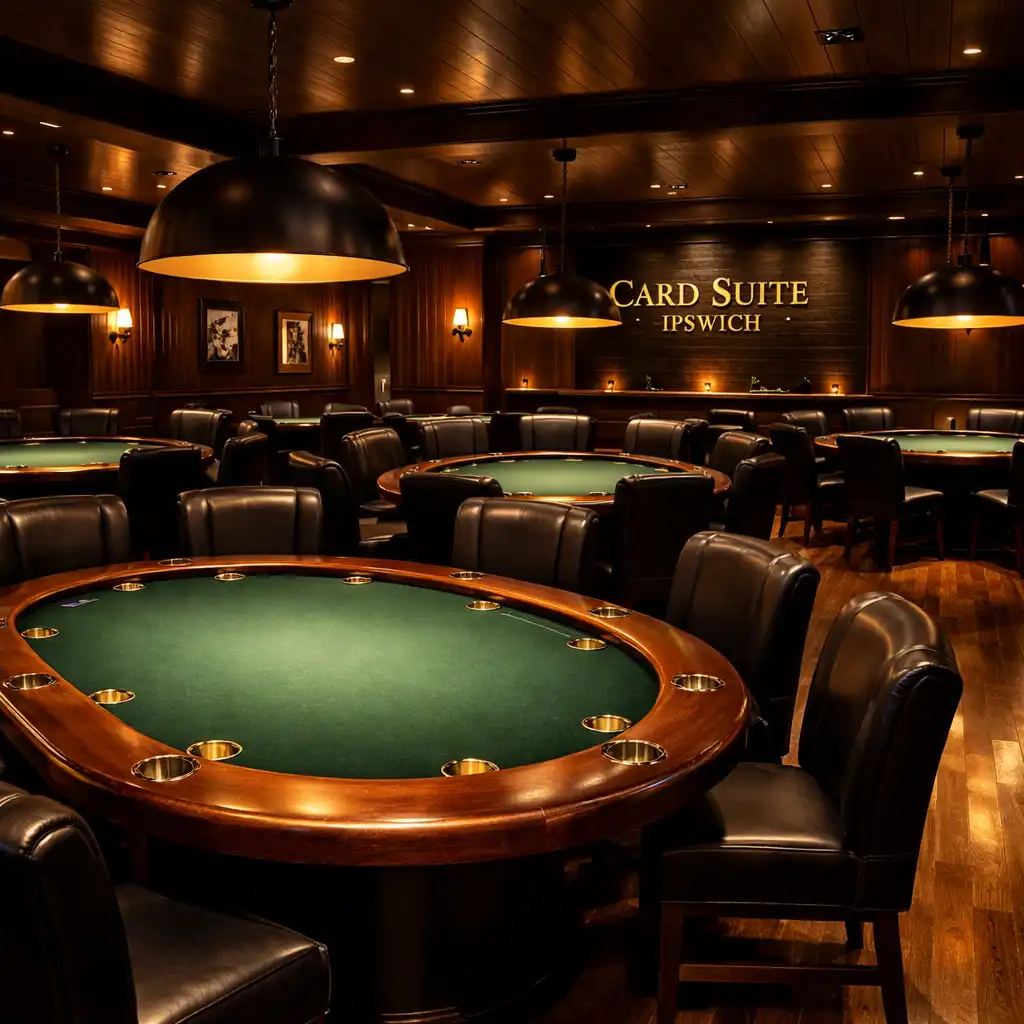 Wide interior view of the Card Suite Ipswich card lounge with multiple poker tables under warm pendant lighting
