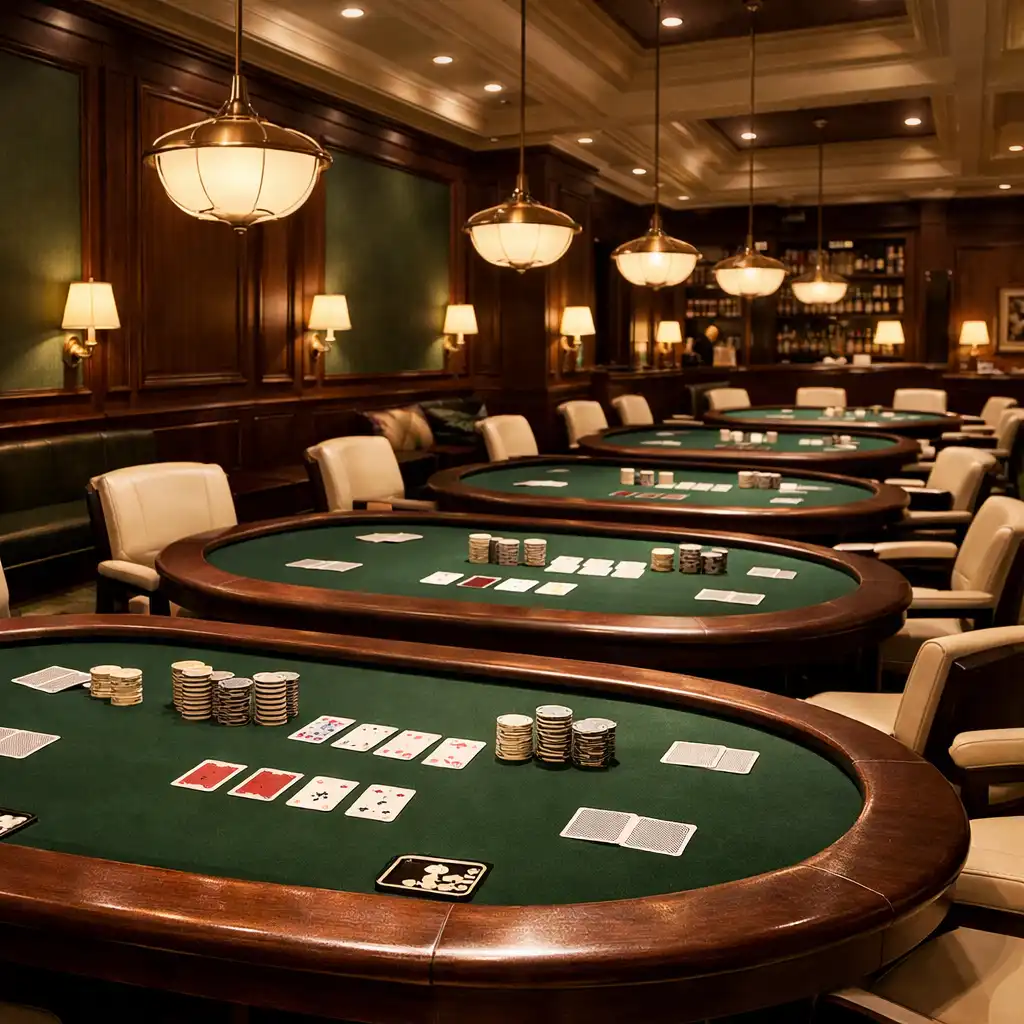 Wide view of the card lounge with multiple poker tables, dark timber panelling, and warm pendant lights