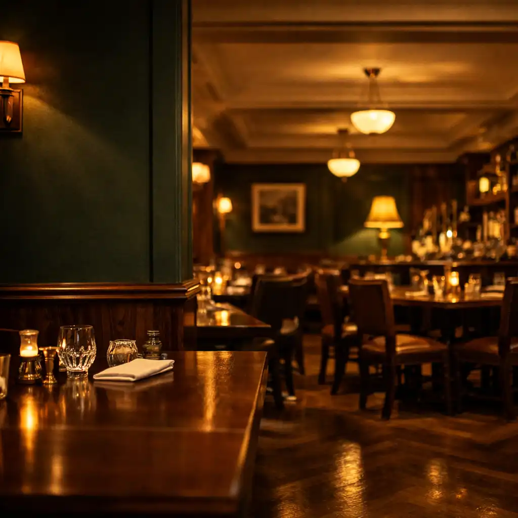 The Card Suite Ipswich dining room with polished walnut tables, leather chairs, and warm architectural lighting