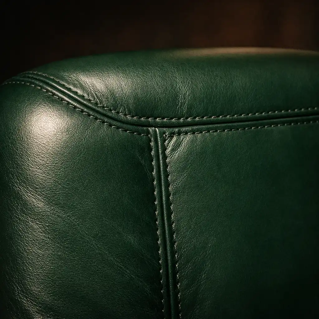 Close-up of a deep green leather chair back with precise stitching and a subtle sheen