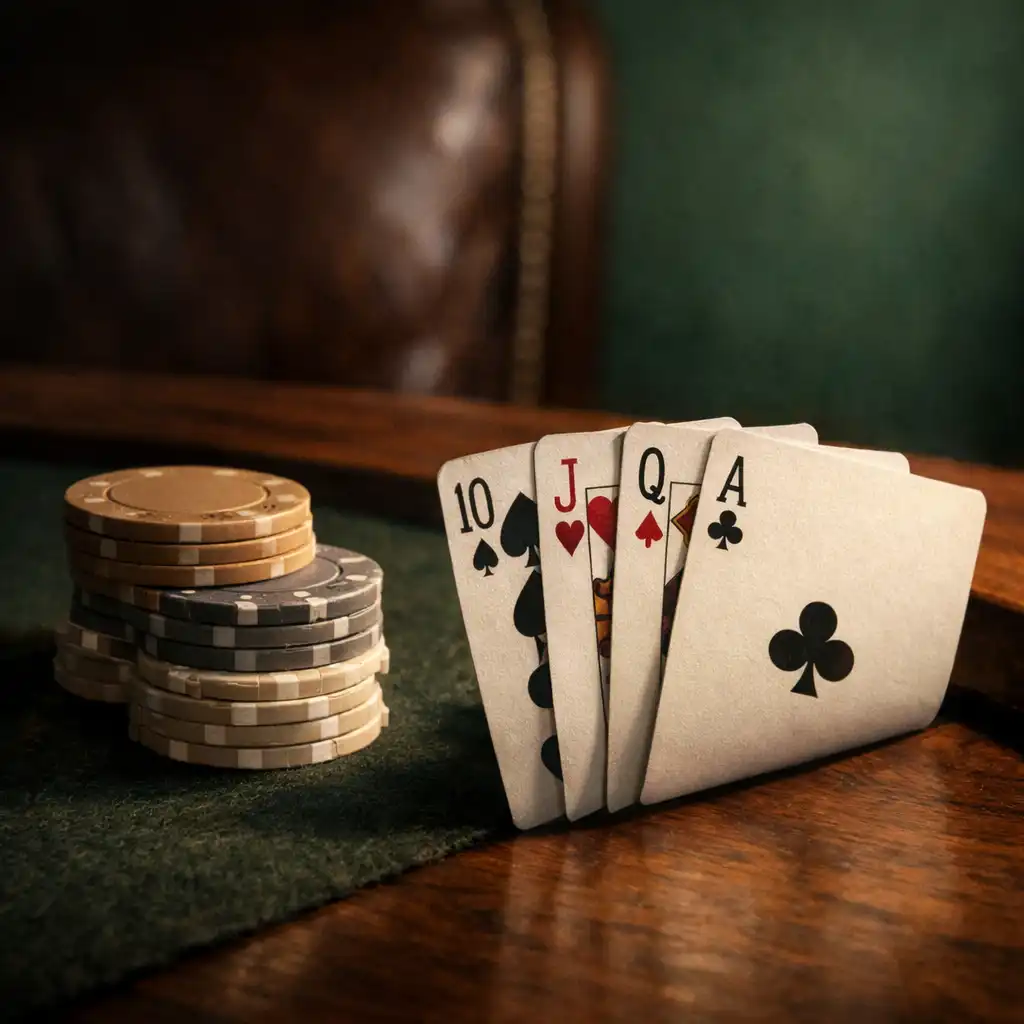 Close-up of playing cards and neutral poker chips on a dark walnut poker table with warm directional light