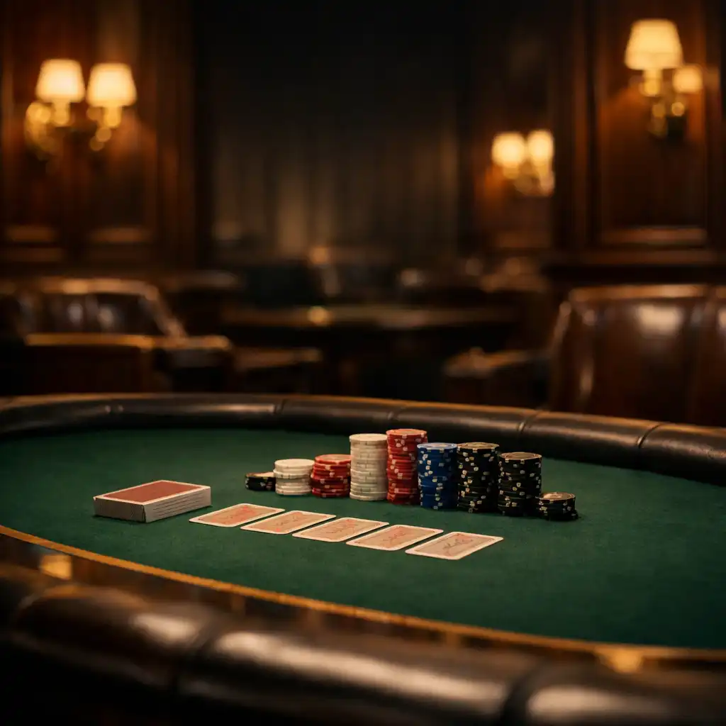 Complete physical poker table with green felt, neutral chips, and playing cards in a warmly lit card lounge