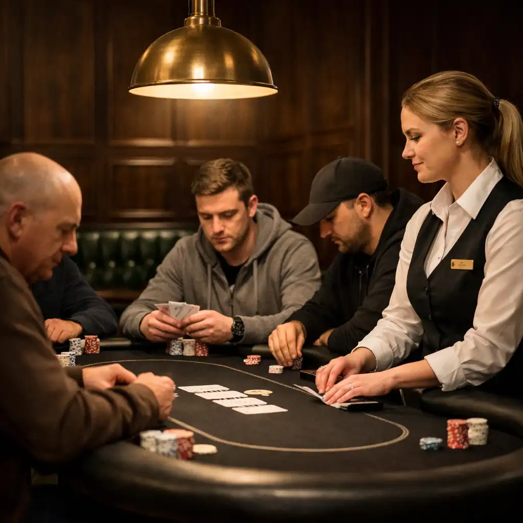 Players seated at a poker table during a poker night with a dealer standing to one side under warm brass lighting