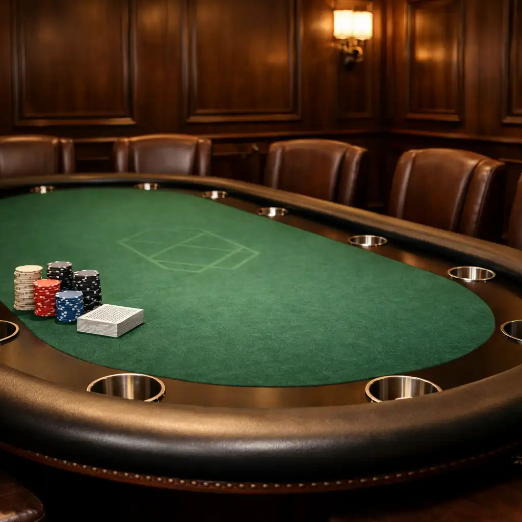 Professional poker table with padded rail, cup holders, premium green felt, and neutral chips in a timber-paneled room