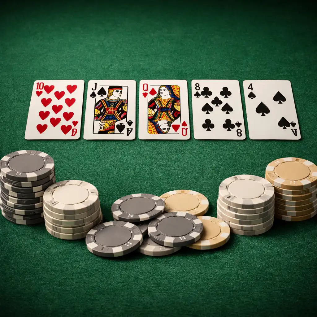 Close-up of a complete poker table surface with smooth green felt, playing cards, and neutral poker chips