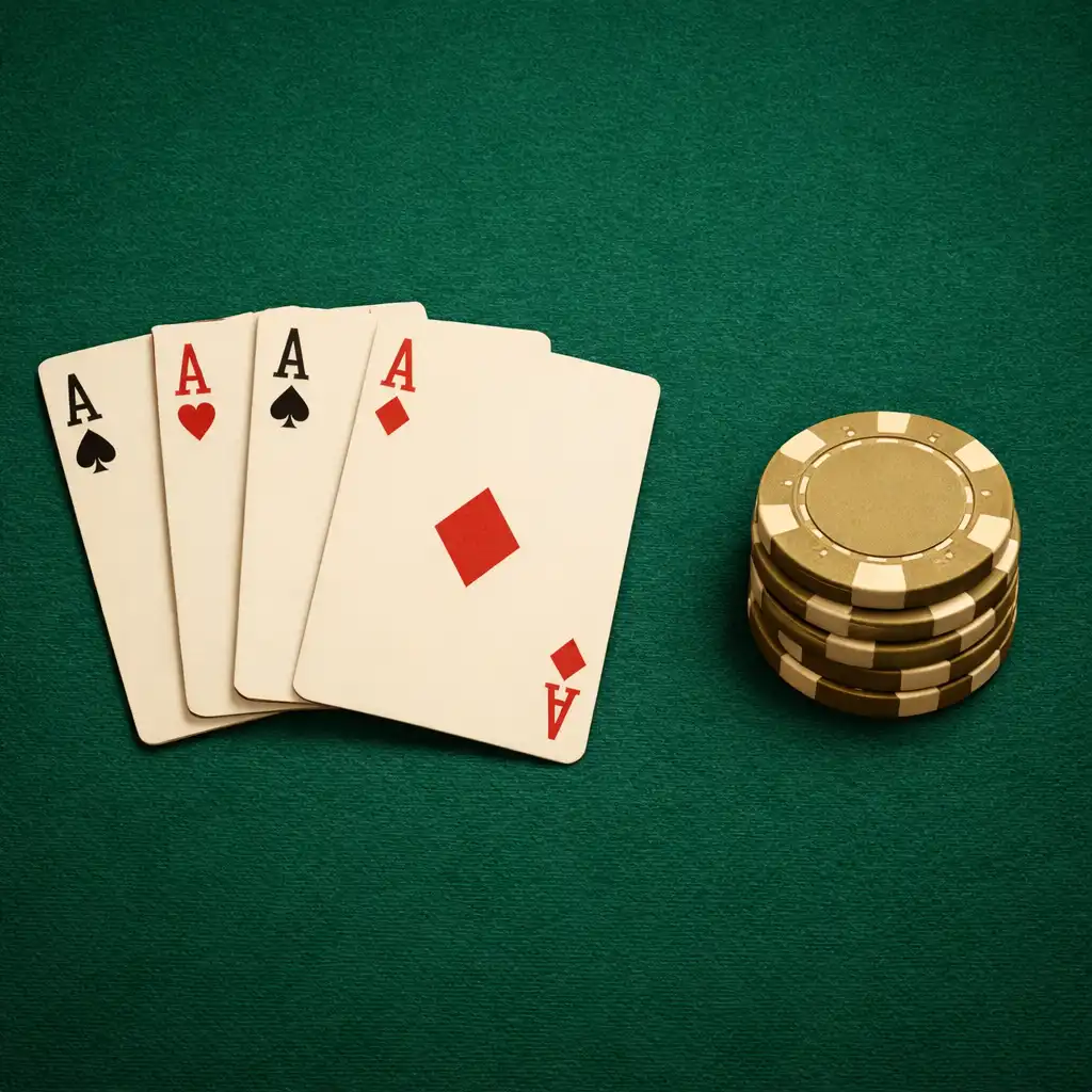 Top-down view of deep bottle-green felt with fanned playing cards and neutral poker chips