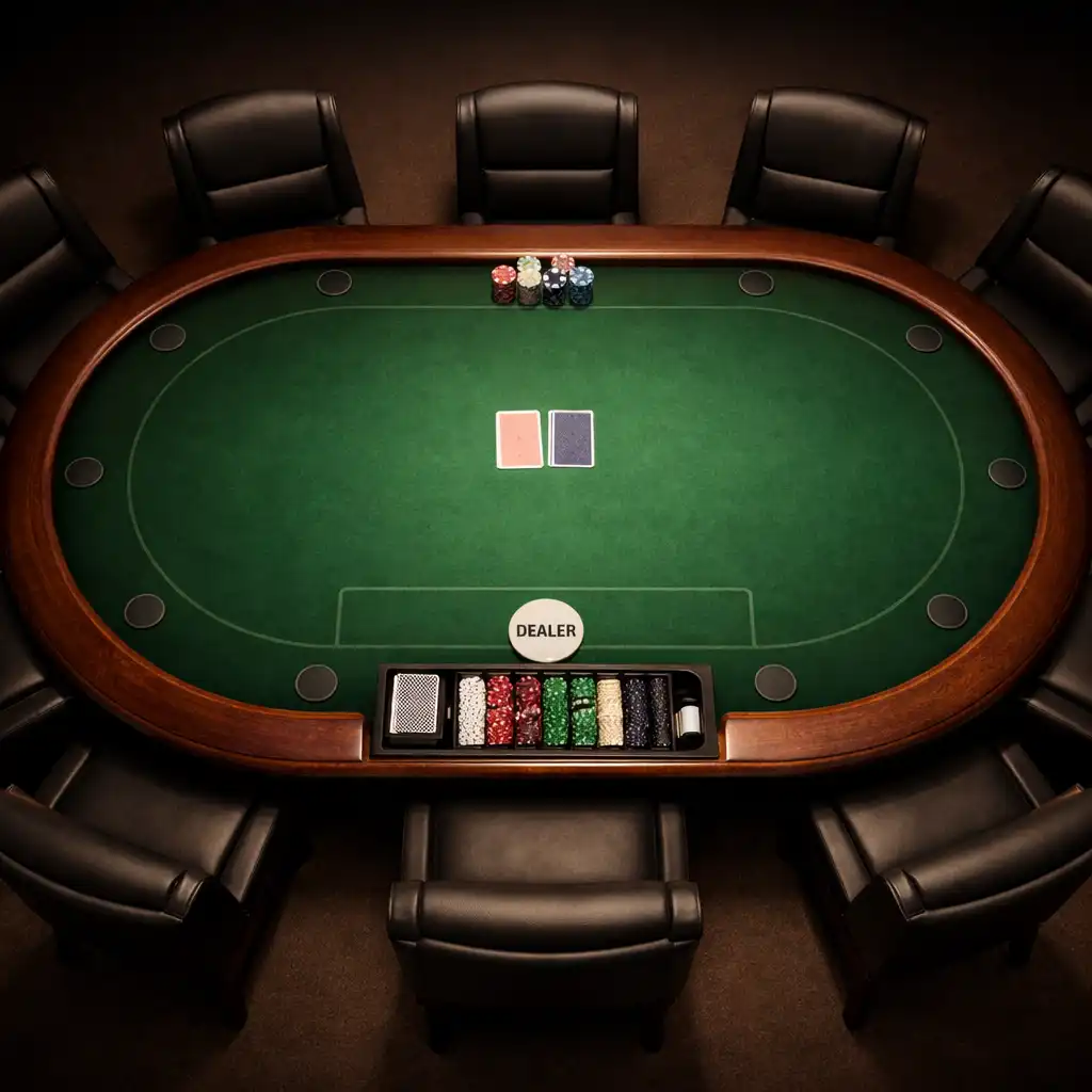 Top-down view of a full-ring poker table with nine player positions and a dealer spot