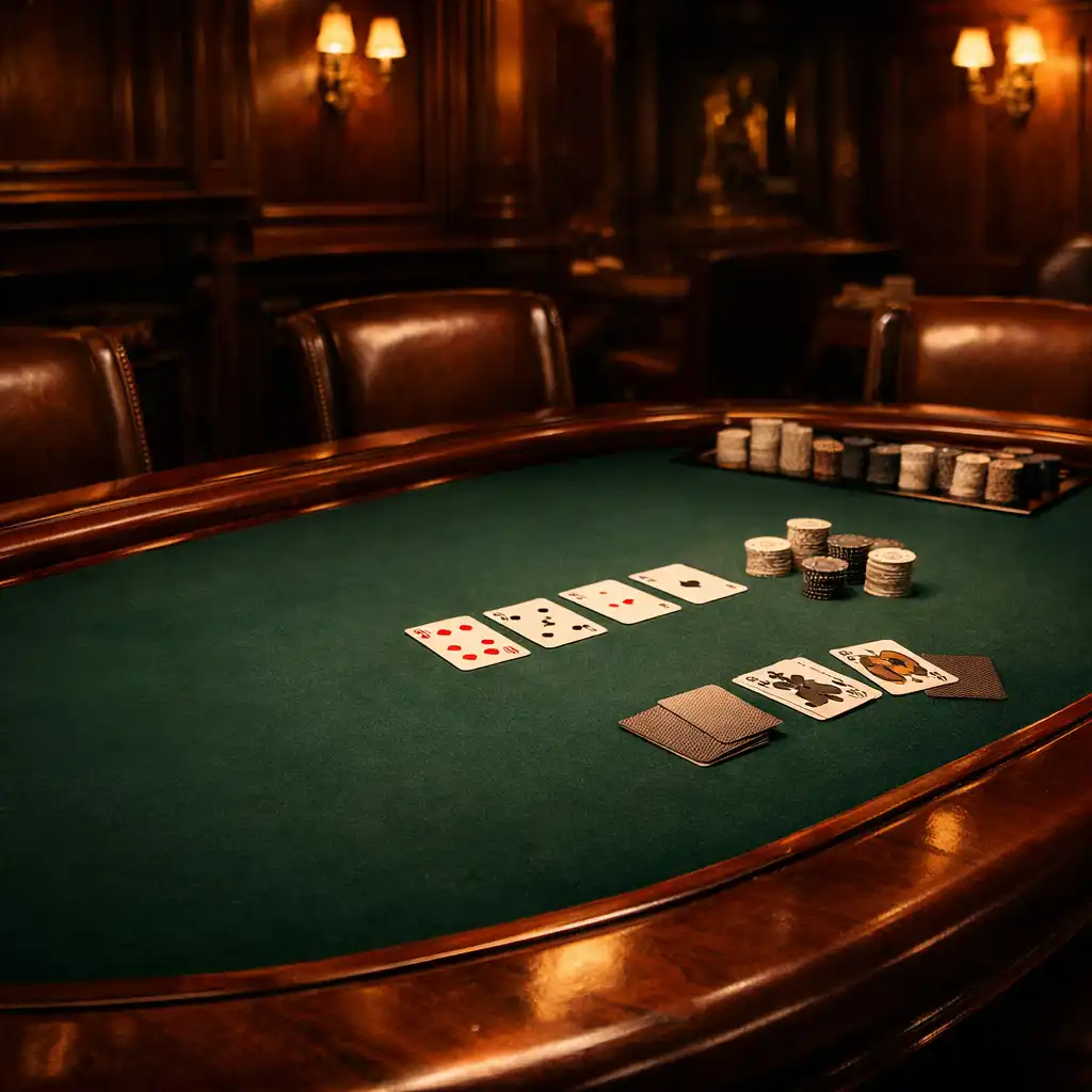 A premium poker table with dark walnut rim, deep green felt, playing cards and neutral chips under warm light in the Card Suite Ipswich card lounge