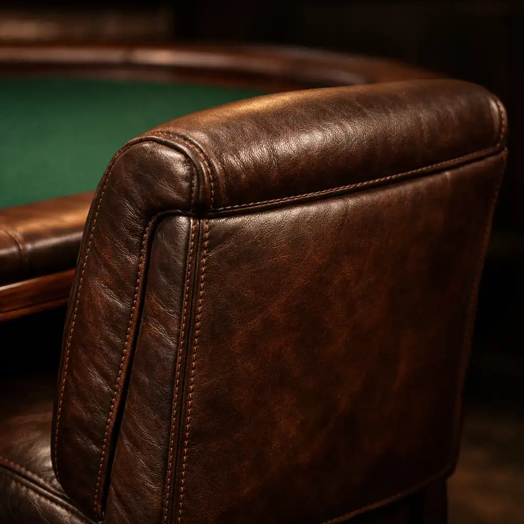 Close-up of deep brown leather chair at a poker table with stitching detail