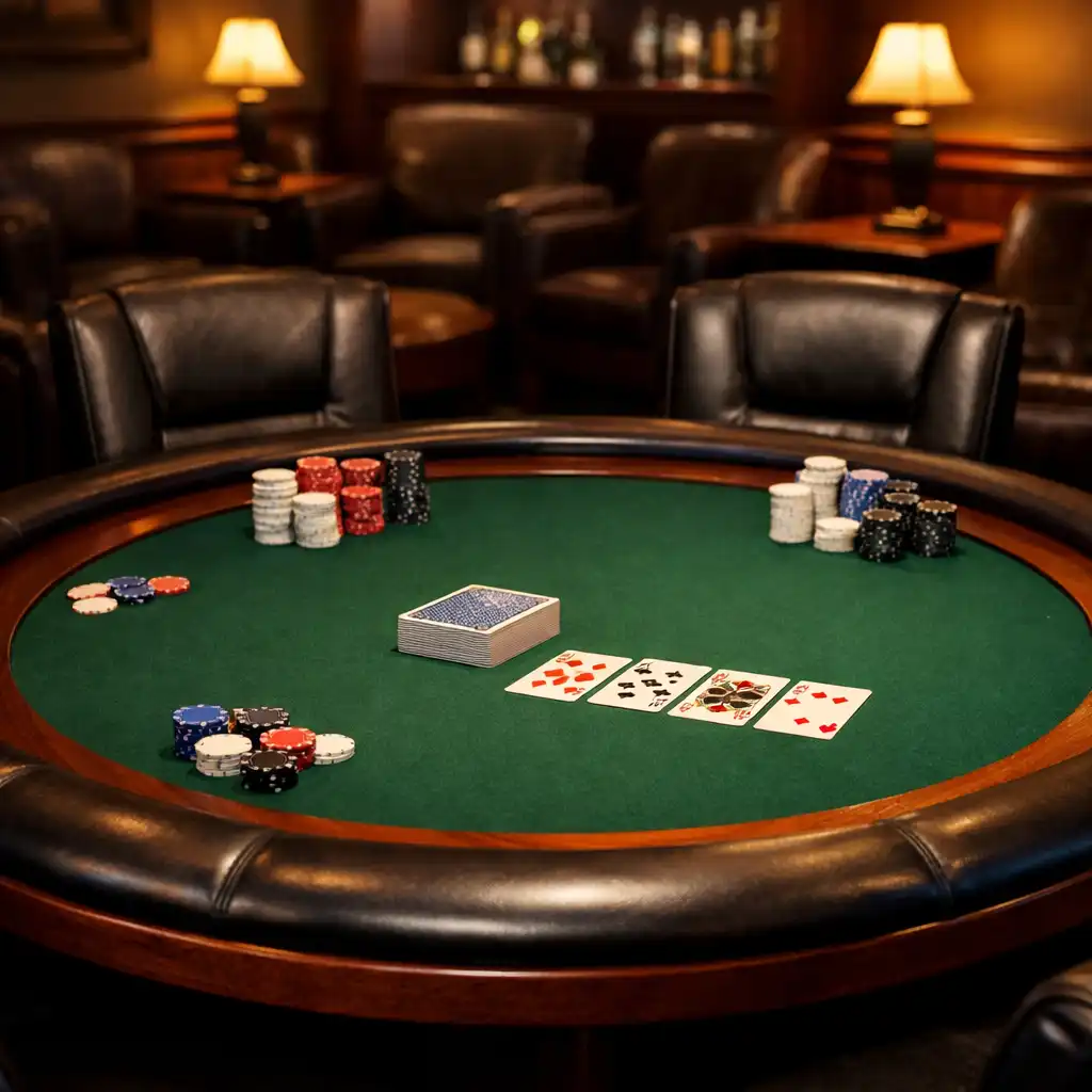 Round poker table with dark timber rim, green felt, six leather chairs, and neatly arranged cards and chips