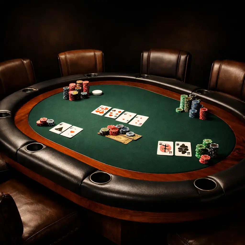 Three-quarter view of a short-handed poker table with six player positions and leather chairs