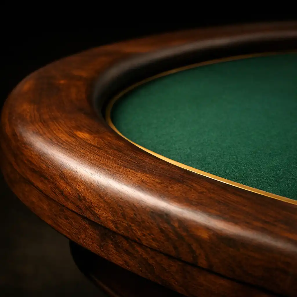 Close-up of polished dark walnut timber rim meeting deep green felt