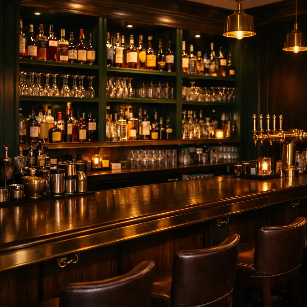 The bar at Card Suite Ipswich with a dark walnut bar top, brass foot rail, and bottle green shelving