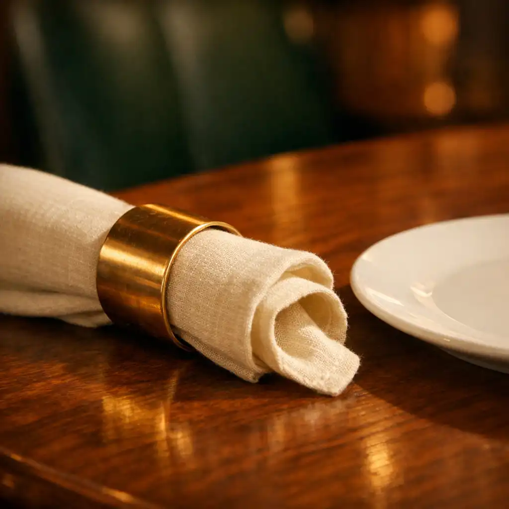 Close-up of a dining table detail with a brass napkin ring, cream linen napkin, and simple white plate