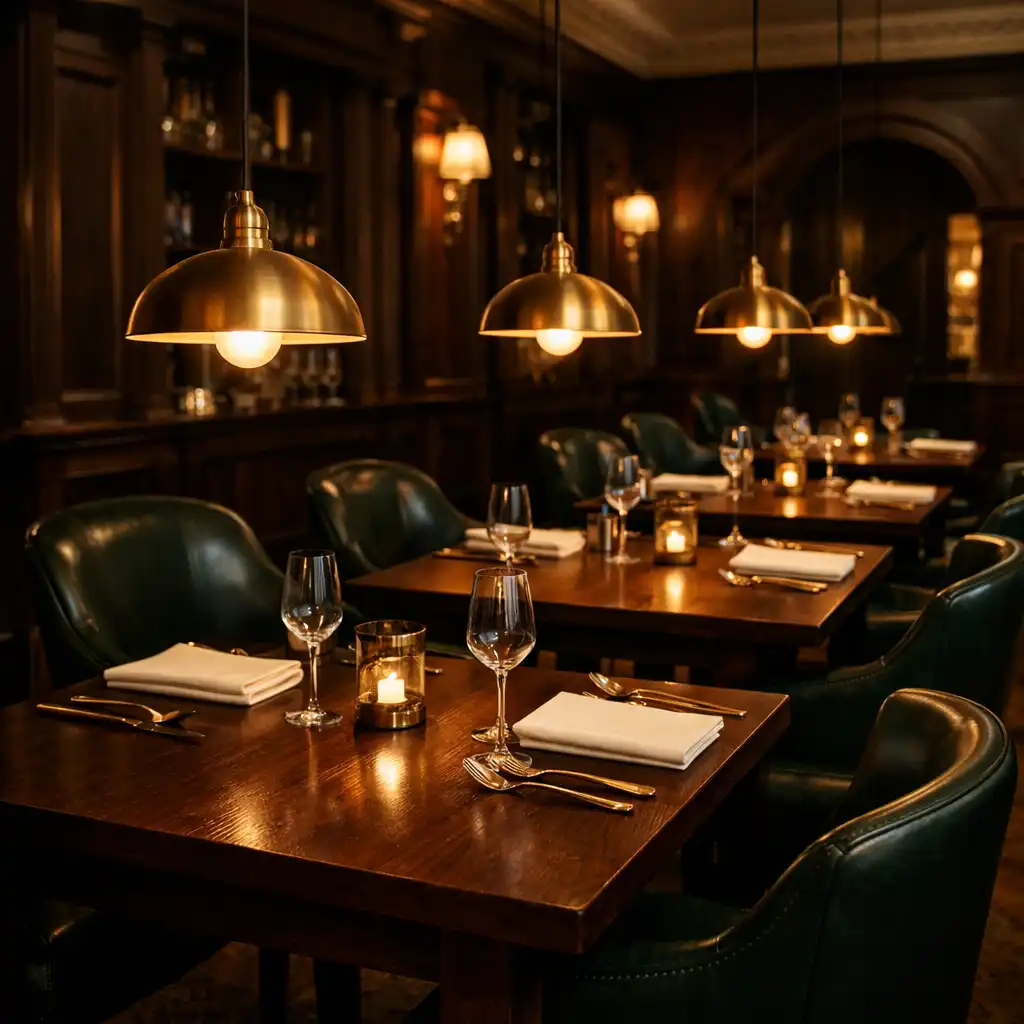 Elegant restaurant dining area with dark timber tables, cream linen, brass cutlery, and deep green leather chairs