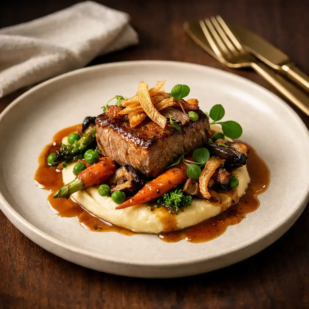 Elegant signature dish plated on a cream ceramic plate with seasonal vegetables and delicate sauce on a dark timber table