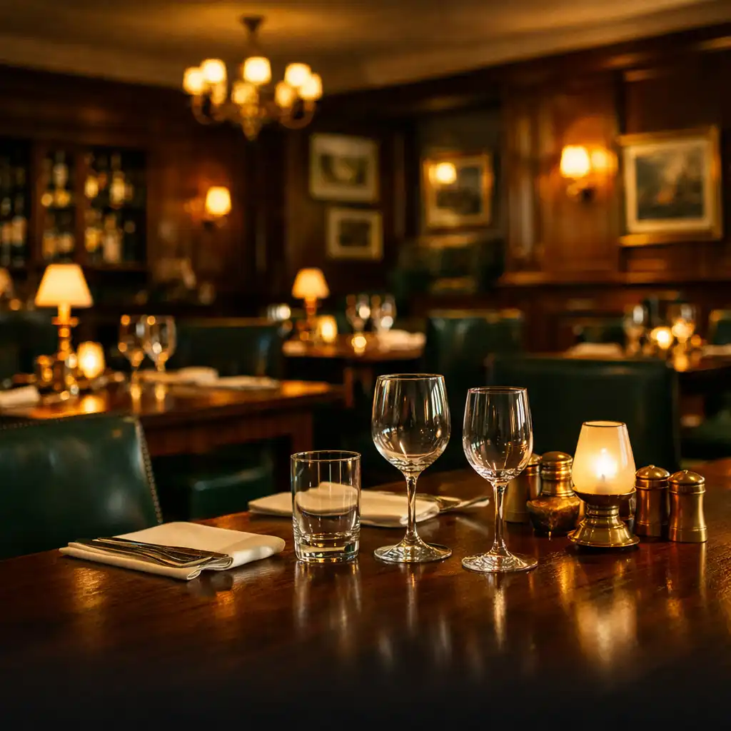The dining room at Card Suite Ipswich with polished walnut tables, bottle green leather chairs, and warm brass lighting