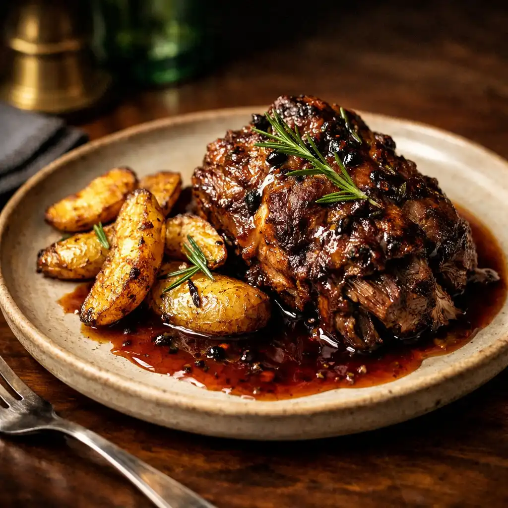 The Limestone Room Lamb signature dish with slow-cooked lamb shoulder, roasted kipfler potatoes, and red wine jus